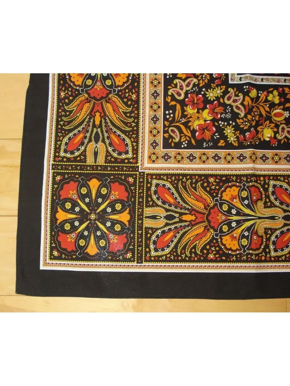 French Orange, Blk, Red & Yellow Floral & Leaf Cotton Tablecloth 95.5